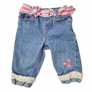 VTG 90s Baby Girl Floral Embroidered Lace Trim Jeans 6-9M